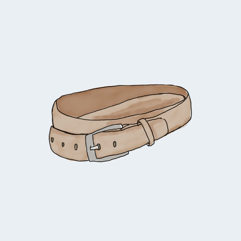 Illustrated tan and beige leather belt with a silver-grey single-prong buckle