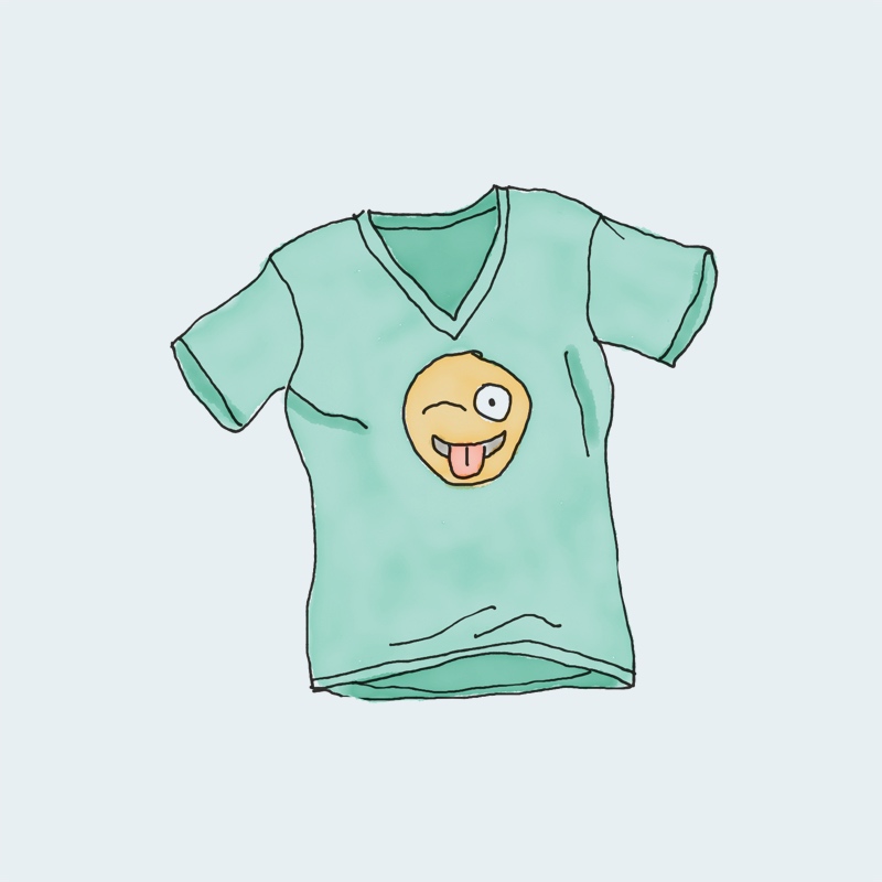 Light blue-green V-neck minimalist graphic tee featuring a hand-drawn winking emoji